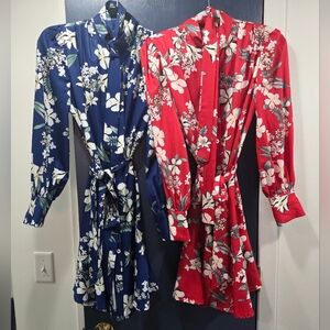 2 For 1 Low Price! Flirty Floral Belted Button-up Dresses in Blue and Red